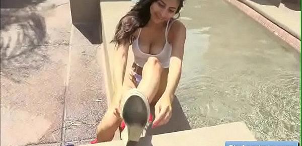  Amazing natural big tit brunette teen amateur Nina try different sexy outfits outdoor in her pool